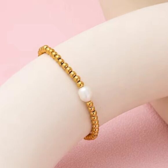 Gold Stretch Bracelet Gold Beads with Pearl Bracelet WATERPROOF non-tarnish gold - Picture 6 of 11